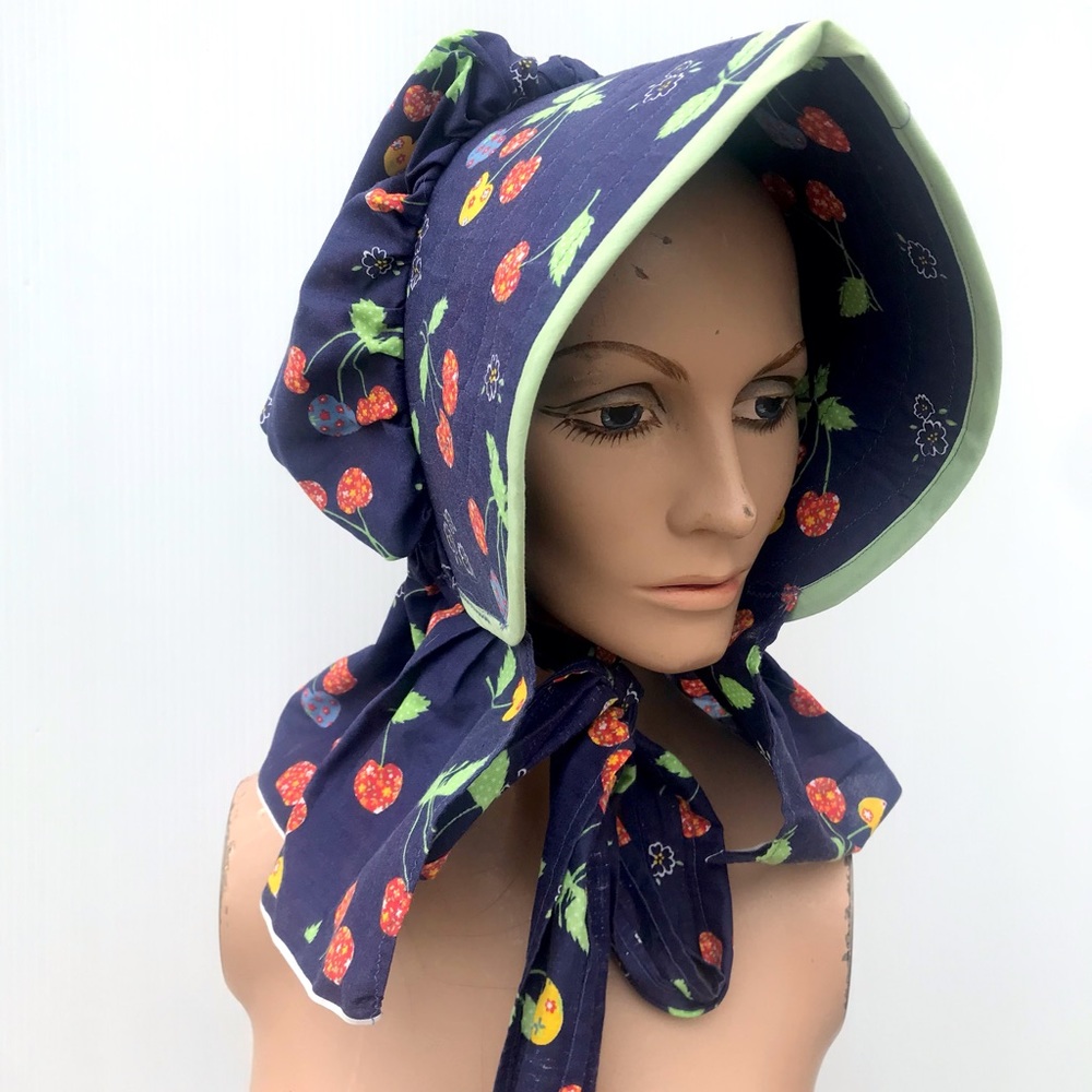 Vintage 70’s navy cherry bonnet cottagecore hat